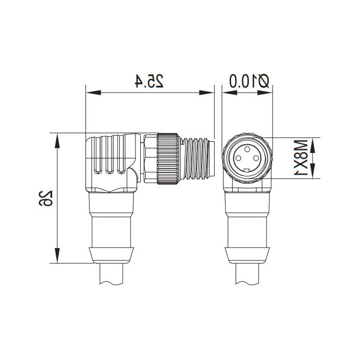 M8 3Pin, male 90°, single-end pre-cast PVC non-flexible cable, grey sheathed, 63S203-XXX