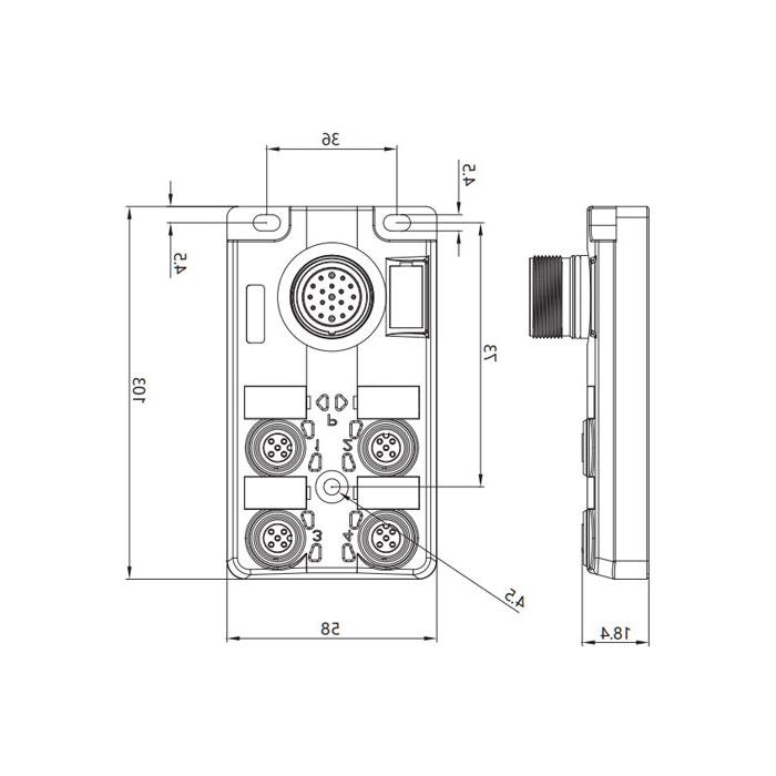 M12 junction box, dual channel, PNP, 4-port split, LED, M23 integrated interface dock, 24P4LT